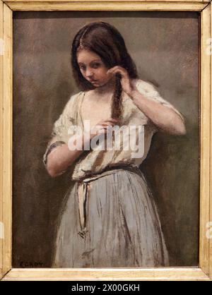 Jean-Baptiste Camille Corot, 1796-1875, Jeune fille à sa Toilette, Junges Mädchen auf ihrer Toilette, 1850-1875. , Reina Sofia Museum, Madrid, Spanien. Stockfoto