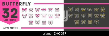 Schmetterling Insektenlinie Symbole für Tattoo Ornament und Dekoration Kunst, Vektorsymbole. Machaon- oder Monarch-Schmetterlingsinsekten mit Ornament-Muster auf Flügeln in dünner Linie für Dekoration oder Firmenemblem Stock Vektor