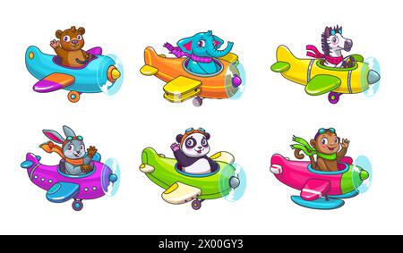 Zeichentrickfiguren in Flugzeugen, Panda und Zebra, Elefanten- und Kaninchenpiloten, Vektorspielzeug. Bären- und Affentiere im Flugzeug, lustige Zoofiguren für Kinder, die in Propellerflugzeugen fliegen Stock Vektor