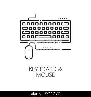 Elektronik-Hardware, Anwendungsentwicklungsindustrie, Computer-Software-Line-Symbol. Aktualisierung des Computersystems, Unterstützung der PC-Hardware und Reparatur-Service umreißen Vektorsymbol mit kabelgebundener Tastatur und Maus Stock Vektor