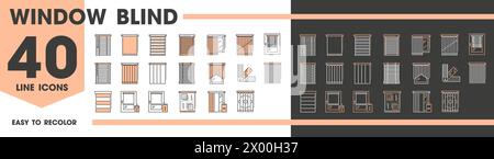 Fensterjalousien, Vorhänge und Jalousie-Linien-Symbole von Vorhängen im Innenraum, Vektorpiktogramme. Fensterschirme und Verdunkelungsvorhänge oder Vorhänge mit automatischem Verschluss für das Wohn- oder Apartment-Schlafzimmer Stock Vektor