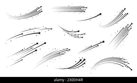 Weihnachtsstarburst, Weltraumsterne mit Pfaden, Meteoren und Asteroiden am Himmel. Kosmisch fallende Kometen mit Spuren, monochrome Vektorsymbole gesetzt. Lichtstreifen, Magie und Energie Stock Vektor