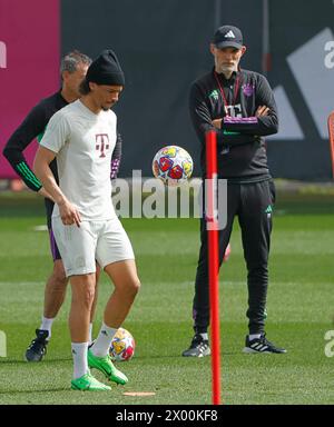 München, Deutschland. April 2024. Leroy Sane von Bayern München nimmt an einer Trainingseinheit zur Vorbereitung auf das erste Legspiel der UEFA Champions League gegen Arsenal am 8. April 2024 in München Teil. Quelle: Philippe Ruiz/Xinhua/Alamy Live News Stockfoto