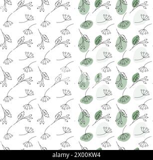 Abstrakte Umrisse Zweige mit Flecken in trendigem Marker grün nahtlose Muster Set aus 2er-Set abstrakte Hintergrundstruktur isolieren EPS-Vektor für Tapeten, Verpackung oder Web, Poster oder Karten, Etiketten Stock Vektor