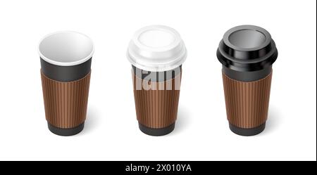 Heiße Kaffeetassen mit Ärmel 3D realistische Vektor-Illustration Set. Entsorgungsbecher mit Kunststoffdeckel. Getränke zum Mitnehmen auf weißem Hintergrund Stock Vektor