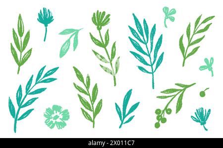 Blattpinsel handgezeichnete Tintenelemente. Grüne Buntstift Textur Pinsel abstrakte Olive, Blume, Blatt abstrakte Hand gezeichnete Illustration. Pinselzweig, botanische florale Silhouette Vektor-Illustration Stock Vektor