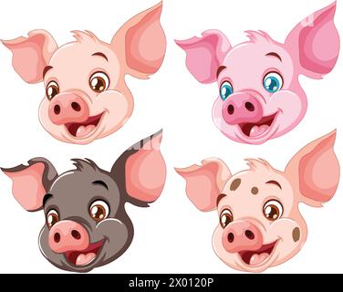 Vier fröhliche Schweine-Charaktere, die unterschiedliche Emotionen zeigen. Stock Vektor