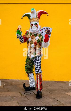 Eine maskierte Person in einem kreativen Harlekin-Kostüm, posiert vor einer gelben Wand auf der Insel Burano, um den venezianischen Karneval zu feiern. Stockfoto