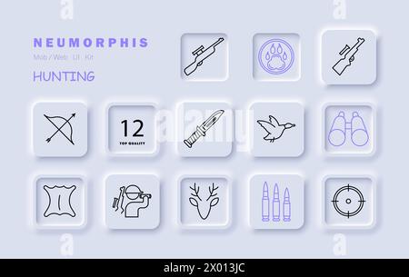 Chase Set Symbol Bärenpfoten Abzeichen, Gewehr, Bogen, Hirsch, Haut, Messer, Kugel, Hörner, Fadenkreuz, Visier, Fernglas Silhouette Mann Ente Jagdkonzept Vektor l Stock Vektor