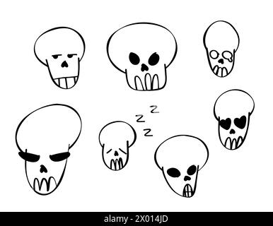 Doodle Skull Set, tolles Design für jeden Zweck. Vektorsatz isolierter Schädelköpfe und Knochen mit Punktmuster. Handgezeichneter Doodle-Stil-Schädel an Stock Vektor