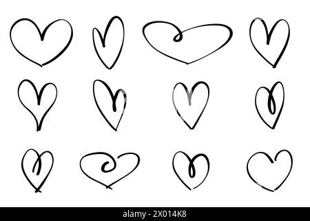 Ein Satz von zwölf handgezeichneten Herzen. Hand gezeichneter rauer Herzmarker isoliert auf weißem Hintergrund. Vektorillustration für Ihr Grafikdesign Stock Vektor