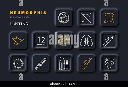 Chase Set Symbol Bärenpfoten Abzeichen, Gewehr, Bogen, Hirsch, Haut, Messer, Kugel, Hörner, Fadenkreuz, Visier, Fernglas Silhouette Mann Ente Jagdkonzept Vektor l Stock Vektor