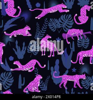 Nahtloses Leopardenmuster mit tropischen Blättern Stock Vektor