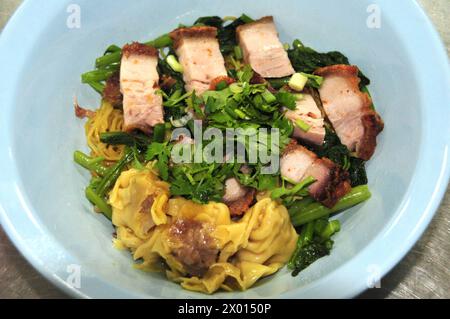 Eiernudel mit rotem Schweinebraten und knusprigem Schweinefleisch Stockfoto