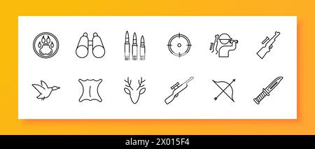 Chase Set Symbol Bärenpfoten Abzeichen, Gewehr, Bogen, Hirsch, Haut, Messer, Kugel, Hörner, Fadenkreuz, Visier, Fernglas Silhouette Mann Ente Jagd Konzept Vektor Stock Vektor