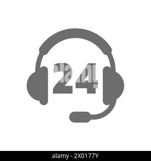 Headset oder Kopfhörer mit 24 Vektorsymbol. 24 Stunden Call-Center-Service. Stock Vektor