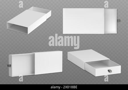 3D-Satz von Objektträgern isoliert auf grauem Hintergrund. Vektor-realistische Illustration von offener und geschlossener weißer Kartonholzschachtel, Kartonverpackung Modell, r Stock Vektor