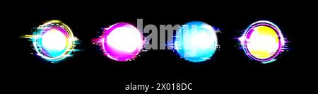 Störungskreise auf schwarzem Hintergrund isoliert. Vektor-realistische Illustration des verzerrten Neonfarben-Lichteffekts, Retro futuristisches digitales Design e Stock Vektor