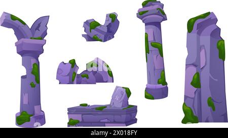 Antike Ruinen - zerstörte Architektur oder Denkmäler alter Zivilisationen und Stammeskultur. Cartoon Vektor Sammlung von ruinierten mittelalterlichen Antiquitäten Stock Vektor