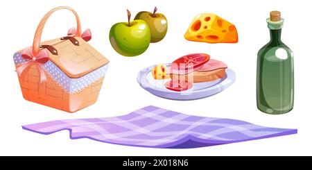 Picknick-Korb mit Speisen, Obst und Wein. Camping-Snack im Sommer oder Mittagessen auf einer Decke mit Brot, Käse und Gemüse. Fibertischtuch-Isolat Stock Vektor