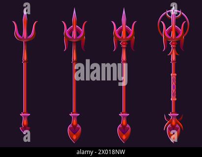 Poseidon oder Neptune Magic Red Trident für das Design der ui-Ebene. Zeichentrickvektor Illustration Set von Fantasy Metallic Speer mit Heugabel in vario Stock Vektor