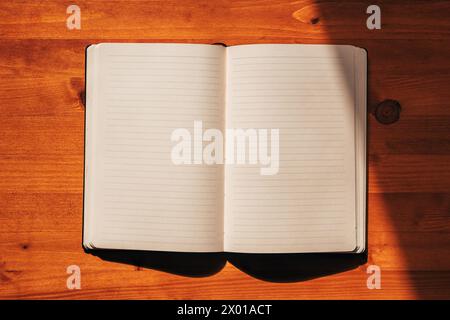 Draufsicht auf offenes Notizbuch mit leeren Seiten mit Linien, Modell-Kopierraum auf dem Schreibtisch, direkt darüber Stockfoto