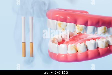 Menschliche Zähne und Rauchen, Mundhygiene, 3D-Rendering. 3D-Abbildung. Stockfoto