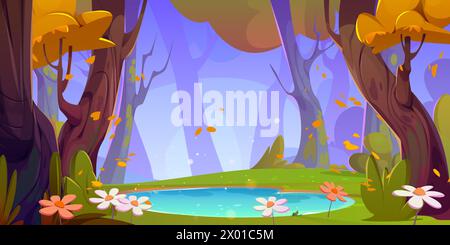 Herbstsee in Waldlandschaftsszene Illustration. Wunderschöner Herbst Park Natur mit atemberaubendem Reisetal. Fallende Ahornblätter im Wald am Seeufer. Niedlicher Panoramablick auf goldene Wälder Stock Vektor
