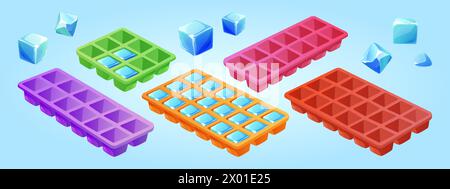 Eiswürfelschale. Symbol für gefrorene Wasserform isoliert. Quadratischer Behälter für Küchenkühlschrank Clipart. Isometrische Form zum Einfrieren flüssiger Getränke. Icicle Piece Pack zum Kühlen von grafischen Assets für Zeichnungen Stock Vektor