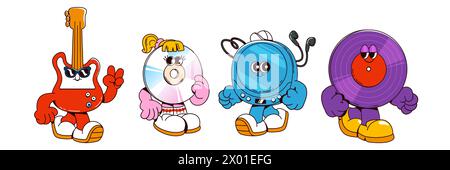 Musik- und Disco-Party-Retro-groovige Cartoon-Charaktere. Vektor-Illustration Set von niedlichen Vintage Comic Maskottchen von Gitarre und cd, Plattenspieler und vynil. Funky-Lächeln-Persönlichkeit von Audiogeräten. Stock Vektor