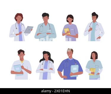 Team-Ärzte und -Schwestern auf weißem Hintergrund. Die Charaktere des medizinischen Personals in Uniform. Stock Vektor