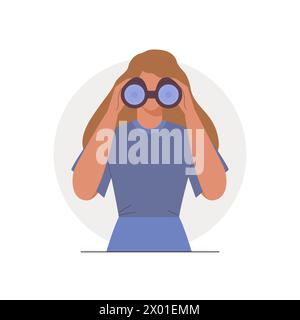Junge Frau, die durch ein Fernglas schaut und nach neuen Geschäftsteams, Ideen, Zielen, Chancen, Mitarbeitern oder Strategien sucht Stock Vektor