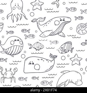 Nahtloses Muster mit Walen, Delfinen, Tintenfischen, Krabben und Fischen. Vektorillustration auf schwarzem Hintergrund mit Meerestieren. Perfekt für die Wandmontage Stock Vektor