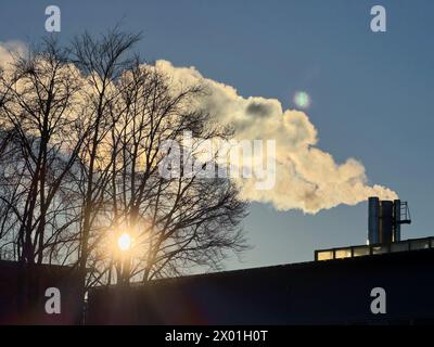 Rauchschornsteine an einem kalten Wintertag in Marktoberdorf, Allgäu, Bayern, 24. Februar, 2024. Stockfoto