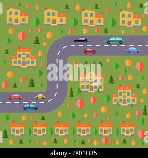 Plan des Dorfes. Landschaft mit Straße, Wald, Autos und Häusern. Vektorabbildung Stock Vektor
