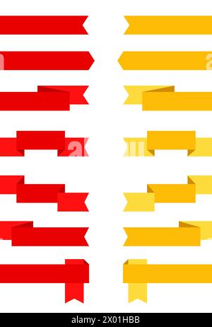 Set aus roten und gelben Bändern und Bannern für Webdesign. Großartiges Designelement isoliert auf weißem Hintergrund. Vektorabbildung. Stock Vektor