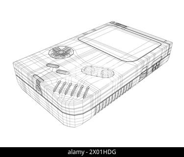 Eine tragbare Wireframe-Spielkonsole im Vektor auf weißem Hintergrund. Vektorabbildung der Handheld-Spielkonsole. 3D. Isometrische Ansicht Stock Vektor