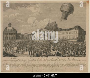 Expérience aérostatique faite à Versailles le 19 Septembre 1783 en présence de leurs Majestés, de la famille royale et de plus de 130 milles Spectateurs par Mrs de Montgolfier avec un ballon de 57 pieds de hauteur, sur 41 de diamêtre A Monsieur de Faujas de St. Fond, de plusieurs accadémies. Stockfoto