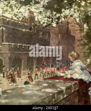 Illustration von H. R. H. Prinz George von Wales, der die Scots Guards aus Marlborough House beobachtet. Aquarell gemalt von Rose Barton aus „Familied London“ (1904). Stockfoto