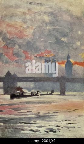 Illustration der Themse, Charing Cross. Aquarell gemalt von Rose Barton aus „Familied London“ (1904). Stockfoto