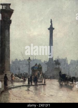 Illustration der Nelson's Column und der Portikus von St. Martin's in the Fields. Aquarell gemalt von Rose Barton aus „Familied London“ (1904). Stockfoto