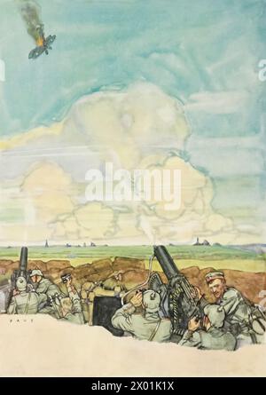 Flugzeug mit Flugabwehrkanonen abgestürzt, Illustration. Farbiges Frontispiece aus „The Story of the Great war; the complete Historical Records of Events to date, Volume VII“ (1920). Stockfoto