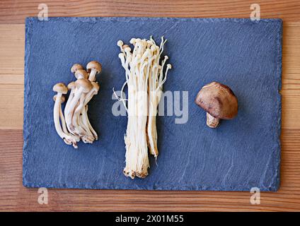 Pilze, Brett und Sorte für frische Lebensmittel mit Ballaststoffen für Proteine in gesunder Ernährung mit Gemüse zum Kochen. Vitamin B, Ernährung und Gemüse Stockfoto