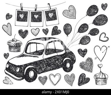 Vektor-Doodle-Hochzeit, romantisch, Liebesillustration. Set aus schwarz-weißen Elementen, Retro-Karte, Luftballons, Herzen, Kuchen, Bilder, Speichern Sie das Datum Stock Vektor