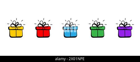 Set aus farbenfroher Geschenkbox mit farbigem Doodle oder handgezeichnetem Stil. Stock Vektor