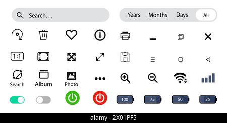 Symbole für Gadget-Steuerelemente Vektor. Smartphone-Gerät, Gadgets Set-Symbol für Navigation. Zeilensymbole für mobile Apps. Suchsymbol Stock Vektor