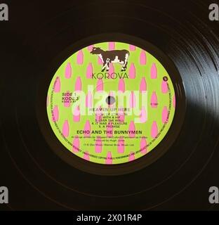Foto Nahaufnahme eines Zentrums-Labels auf einer Original-Pressung der langlebigen LP Heaven Up Here von Echo and the Bunnymen aus dem Jahr 1981 Stockfoto
