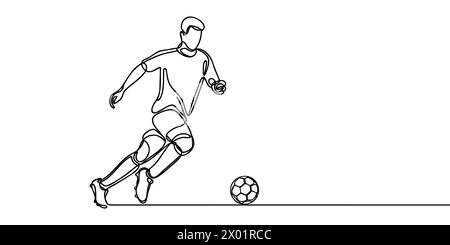 Fussball durchgehende Linienzeichnung. Die Abbildung zeigt einen Fußballspieler, der den Ball tritt. Fußball. Vektorabbildung. Stock Vektor