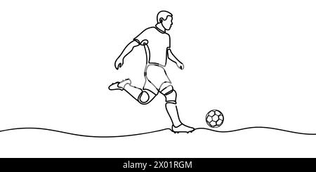 Fussball durchgehende Linienzeichnung. Die Abbildung zeigt einen Fußballspieler, der den Ball tritt. Fußball. Vektorabbildung. Stock Vektor