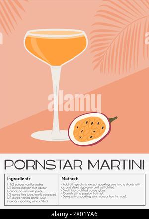 Pornostar Martini Cocktail garniert mit Passionsfrucht. Klassisches Rezept für alkoholische Getränke. Poster zum Sommeraperitif. Minimalistischer trendiger Druck mit Stock Vektor